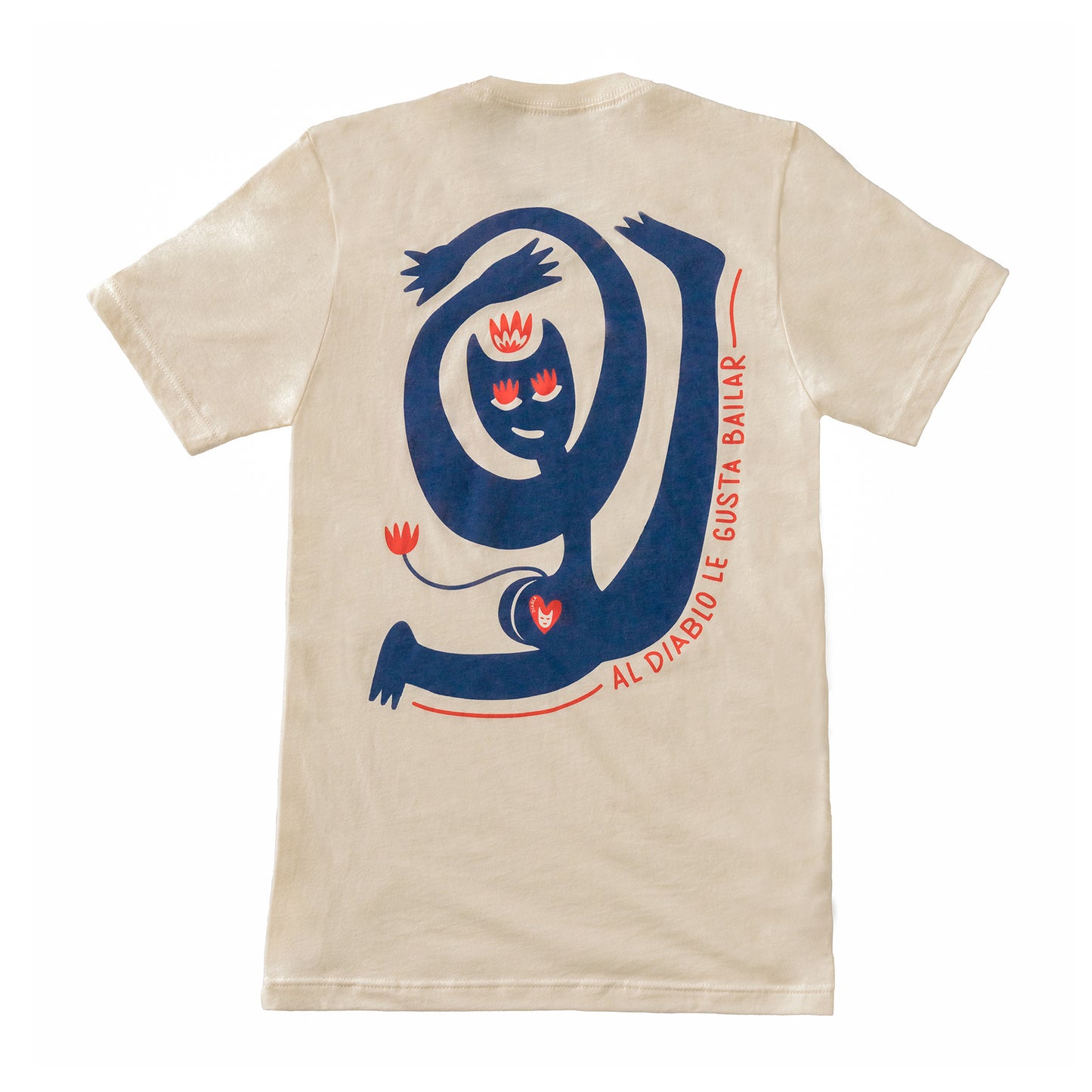 Image of back side of t-shirt. design printed is a blue devil with red details. copy says "al diablo le gusta bailar"