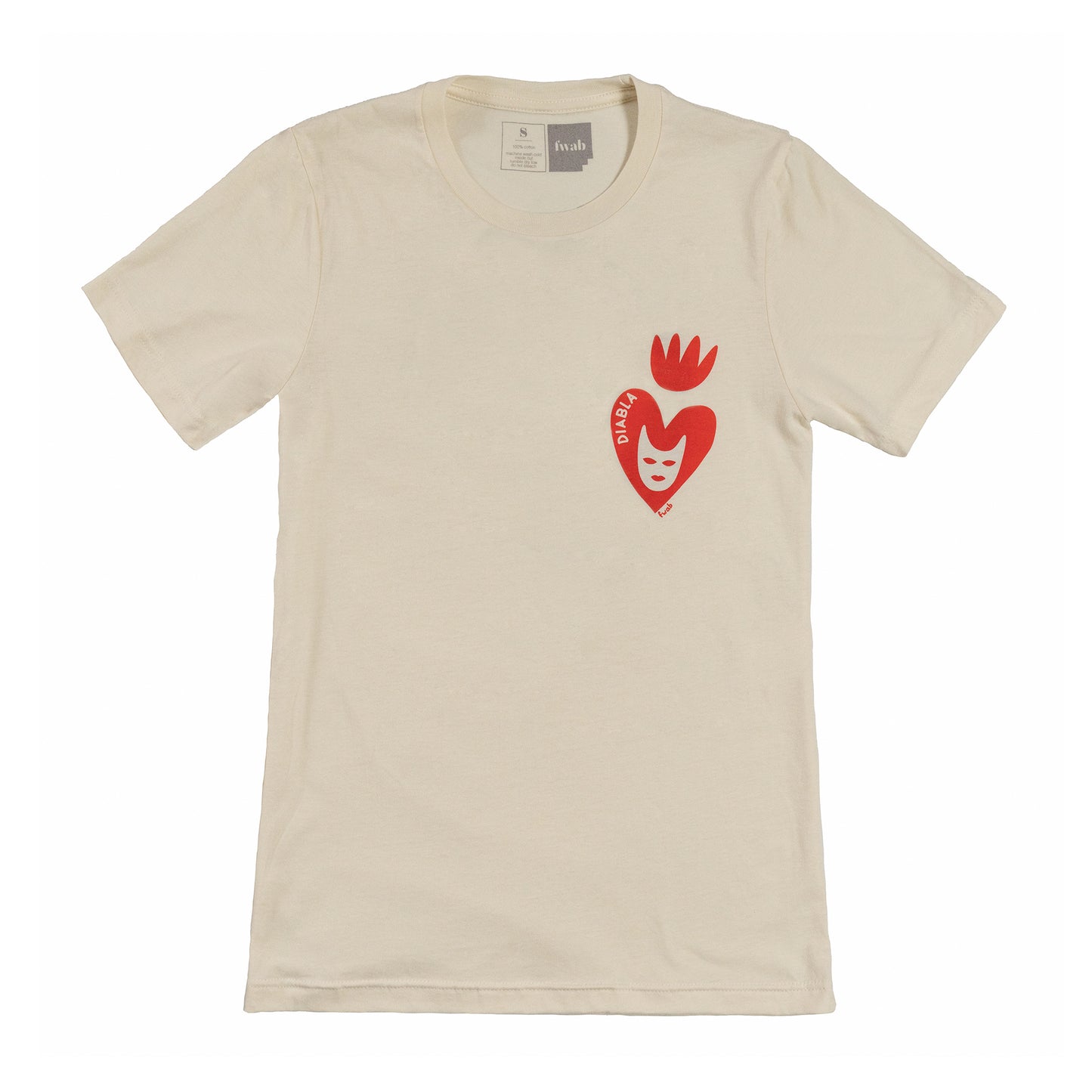 Image of front side of t-shirt. design printed is a red heart with a fire crown above. Inside of heart is the face of a devil and the word "diabla". under heart in small text "fwab"